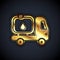 Gold Fuel tanker truck icon isolated on black background. Gasoline tanker. Vector