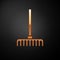 Gold Garden rake icon isolated on black background. Tool for horticulture, agriculture, farming. Ground cultivator