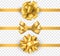 Gold gift bows with ribbons. Realistic horizontal silk yellow ribbon with decorative bow, festive elements decor, gift