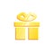 Gold Gift box icon for concept design. present Simple isolated pictogram. Christmas decoration Graphic element. Surprise