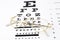 Gold Glasses with an eye chart snellen