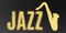Gold glitter Inscription jazz and saxophone. Golden sparcle word jazz on black transparent background. Amber particles gold