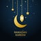 Gold glitter lanterns, crescent and stars hanging on dark background. Ramadan Kareem greetings card. Luxury gold design