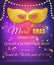 Gold glitter mask for Mardi Gras Tuesday carnival party poster or flyer on purple background with gold bead garland and