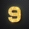 Gold glitter numbers nine with shadow. Vector realistick shining golden font figure 9 lettering of sparkles on black