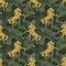 Gold glitter silhouette Unicorn on camouflage. Seamless pattern