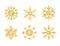 Gold glitter snowflakes set on white background. Shining snowflake with sparkles and star. Christmas and New Year