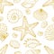 Gold glittering seashels and starfishes seamless pattern on white background.