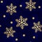 Gold glittering snowflakes seamless pattern on black striped background