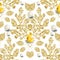 Gold glittery floral vector 3d seamless pattern. Leafy patterned jewelry background. Repeat damask glittering backdrop. Vintage