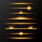 Gold glowing lines with stars set. Shining line set. Golden realistic lens flare set. Collection of light effects on transparent b