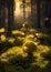 Gold Glowing Mushroom and Moss in an Enchanted Magical Forest