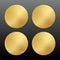 Gold glued round stickers set. 3d circular shaped blank paper labels vector illustration. Wrinkled crumpled bad badges