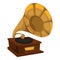 Gold gramophone in 1910s style, vinyl disc playing