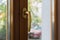 Gold handle at a brown wooden window door with green leaves