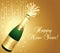 Gold Happy New Year 2024 Greeting card. Champaign bottle. Festive background. Vector illustration.