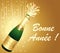 Gold Happy New Year 2024 Greeting card. French language. Champaign bottle. Festive background. Vector illustration.