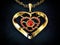 Gold heart necklace decorated with ruby gemstones