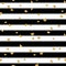 Gold heart seamless pattern. Black-white geometric stripes, golden confetti-hearts. Symbol of love, Valentine day