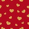 Gold heart seamless pattern. Golden chaotic confetti-hearts on red background. Symbol of love, Valentine day holiday