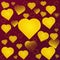 Gold hearts on a maroon background abstraction