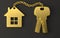 Gold house keys with gold trinket house on black background. new home concept. Real estate. 3d rendering