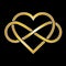 Gold infinity heart symbol isolated on black background.