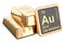 Gold ingots with chemical element icon Aurum Au, 3D rendering