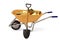 Gold ingots on wheelbarrow and shovel on white background 3D ill