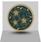 Gold jewel mock up, flower motif on dark green onyx background, frame composed of small spheres