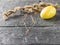 Gold jewelry, a Golden egg and a sprig of willow on a black table. The decoration of the Easter table.