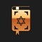 Gold Jewish torah book icon isolated on black background. Book of the Pentateuch of Moses. On the cover of the Bible is