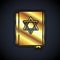 Gold Jewish torah book icon isolated on black background. Pentateuch of Moses. On the cover of the Bible is the image of