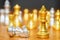 Gold king chess and horse piece on wood chessboard