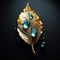 a gold leaf with blue gems on it