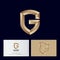 Gold letter G like a shield. G monogram. Emblem of antivirus or protection system.