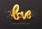 Gold letter love balloons. Shine glossy metallic balloons background. Vector illustration