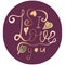 Gold lettering `I love you` with hearts in a wine-purple oval on a white background. Hand-drawn lettering. Decor for cards, banner