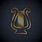 Gold line Ancient Greek lyre icon isolated on black background. Classical music instrument, orhestra string acoustic