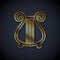 Gold line Ancient Greek lyre icon isolated on black background. Classical music instrument, orhestra string acoustic