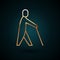 Gold line Blind human holding stick icon isolated on dark blue background. Disabled human with blindness. Vector