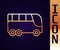 Gold line Bus icon isolated on black background. Transportation concept. Bus tour transport. Tourism or public vehicle