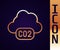 Gold line CO2 emissions in cloud icon isolated on black background. Carbon dioxide formula, smog pollution concept