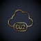 Gold line CO2 emissions in cloud icon isolated on black background. Carbon dioxide formula, smog pollution concept