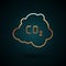 Gold line CO2 emissions in cloud icon isolated on dark blue background. Carbon dioxide formula, smog pollution concept