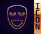 Gold line Comedy theatrical mask icon isolated on black background. Vector