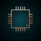 Gold line Computer processor with microcircuits CPU icon isolated on dark blue background. Chip or cpu with circuit