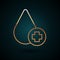 Gold line Donate drop blood with cross icon isolated on dark blue background. Vector
