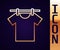 Gold line Drying clothes icon isolated on black background. Clean shirt. Wash clothes on a rope with clothespins