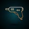 Gold line Electric hot glue gun icon isolated on dark blue background. Hot pistol glue. Hot repair work appliance